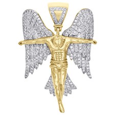 10K Yellow Gold Diamond Angel Wings Crucifix Jesus Pendant 2.10" Charm 2.02 CT.