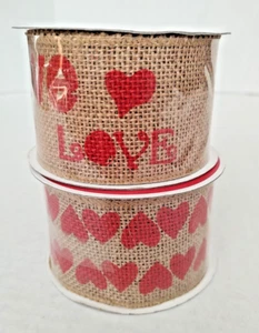 New Love Hearts Valentines Day Crafts Wired Burlap Ribbon 2 Rolls 15 Feet Each - Picture 1 of 5