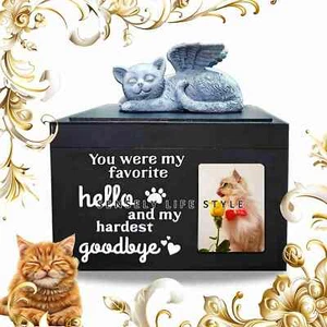 Black Wooden Pet Urn for Cat Ashes with Cat Angle & Photo Frame, Memory Gift Box - Picture 1 of 13