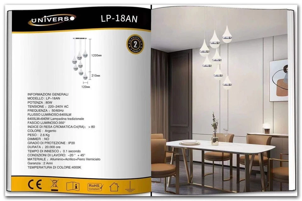 Lampadario UNIVERSO LED Argento 80W 6400lm 4000K LP-18AN Design Moderno Salotto - Immagine 1 di 1