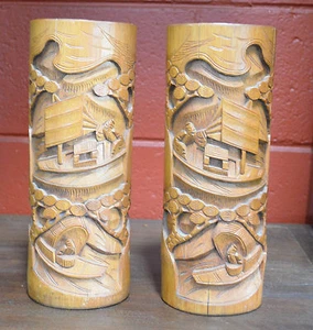 Antique BAMBOO BRUSH POT Chinese Folk Art Bas Relief Wooden Carving - Picture 1 of 7