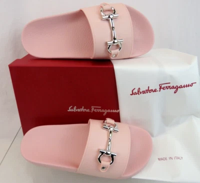 NIB FERRAGAMO GROOVY 11 PINK RUBBER SILVER GANCINI BIT LOGO SANDALS SLIDES 7 M - Image 1 of 4