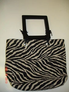 NEW Handmade Zebra Black Creme Beige Wooden Handles Handmade lined PURSE - Picture 1 of 5