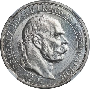 1907, Hungary, Franz Josef I. Silver 5 Korona Coin. Original Strike! NGC MS-61! - Picture 1 of 3