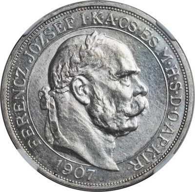 1907, Hungary, Franz Josef I. Silver 5 Korona Coin. Original Strike! NGC MS-61! - Image 1 of 3