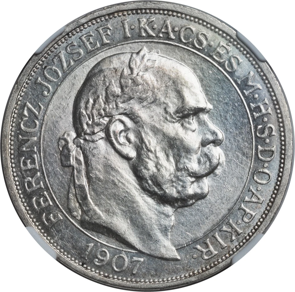 1907, Hungary, Franz Josef I. Silver 5 Korona Coin. Original Strike! NGC MS-61! - Image 1 of 3