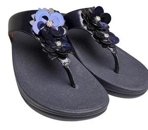 FitFlop Lulu Wildflower Navy Sequin Thong Sandals Shoes Women US Sz 6 Comfort EC - Picture 1 of 23