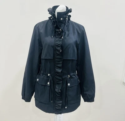 Gabardina Betsy Johnson para mujer S negra con volantes cintura ajustable Foto 1 de 4