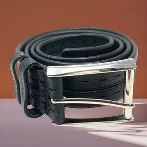 Vintage Black Pebbled Leather Perforated Dress Belt Sz 36 Classic Silver Tone - Picture 1 of 4