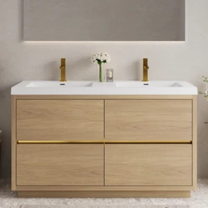 60" Bathroom Vanity w/ Stone Resin Sink, Freestanding Vanity Cabinet, 4 Drawers - Picture 1 of 11