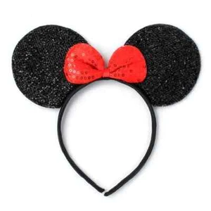 Sparkly Black Minnie Mouse Ears Alice Band Hair Headband Red Sequin Bow - Picture 1 of 5
