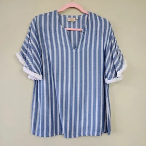 Rungolee Top Womens Medium Blue White Stripe Trimmed Sleeves Coastal Boho - Picture 1 of 11