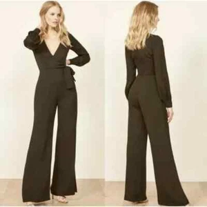 REFORMATION Black Wrap V-Neck Bodice Tie Waist MOLLY Crepe Pants Jumpsuit 4 🖤 - Picture 1 of 7