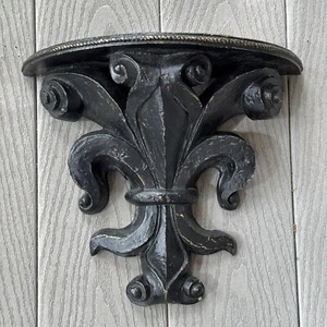 Black Fleur-De-Lis Wall Shelf Distressed Look Ornate Decorative French-Inspired - Picture 1 of 7