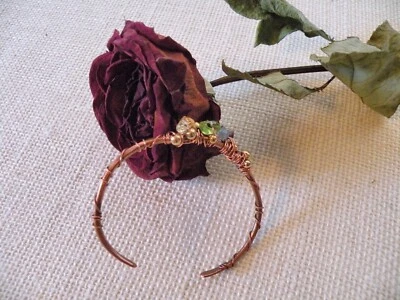 Copper Bracelet Cuff Peridot Amethyst Citrine Brass Beads Artisan Wire Art Blue - Image 1 of 4