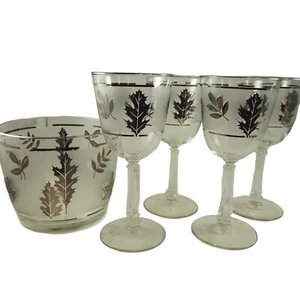 Vintage Libbey Silver Foliage Frosted Four Wine Glasses and Ice Pail 1960s - Picture 1 of 6