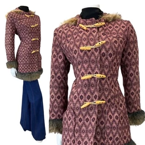 VINTAGE 60s 70s PURPLE PINK IKAT GEOMETRIC TOGGLE HOODED MOD WOOL COAT 14 16 - Picture 1 of 6