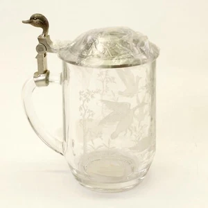 Etched Glass Beer Stein Mallard Duck Pewter Lid Duck Head Thumb Lift France 6.5” - Picture 1 of 3