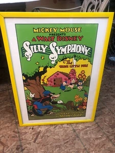 Mickey Mouse Walt Disney Symphony The Three Little Pigs Art w Yellow Frame - Picture 1 of 7