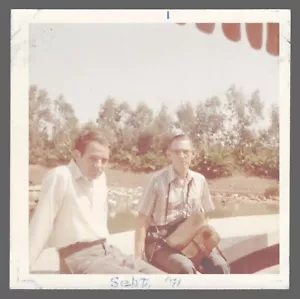 Found Photo 1971 2 Gentlemen On Wall In Park 3.5 x 3.5 - Picture 1 of 2