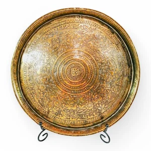 Antik Groß 19th Jahrhundert Benares Messing Tablett, Hand-Engraved, Indian Kunst - Picture 1 of 11