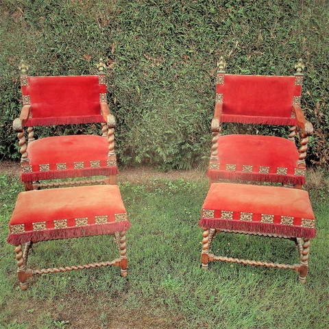 Antique Couple Throne Armchairs Footstools Barley Twist Double Headed Eagle WOW Cover