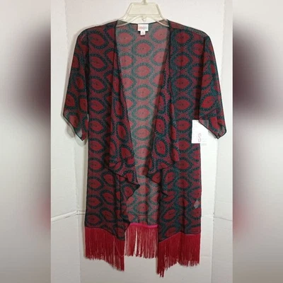 Luluroe Red and Black Patterned Kimono with Fringe Size Small - Image 1 of 4