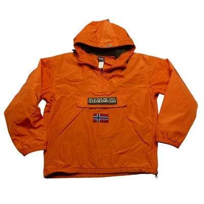 Napapijri Jacket Mens Medium Orange Hooded Anorak Pullover Fleece Lined Half Zip - Image 1 of 4