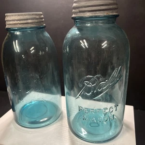 Vintage Ball Perfect Mason Quart Jar Blue Glass w Zinc Lid Two Jars - Picture 1 of 4