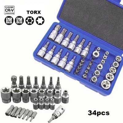 SET DI CHIAVI A BUSSOLA TORX MASCHIO FEMMINA + INSERTI 34 PEZZI CHROME VANADIUM - Immagine 1 di 4