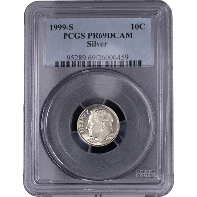 Moneda de diez centavos de plata Roosevelt 1999-S 10c ~ PCGS PR69DCAM Foto 1 de 2