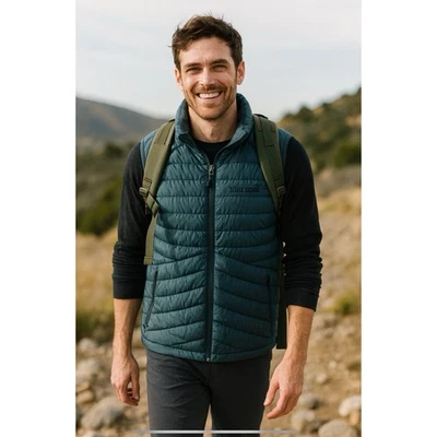 MARMOT DUCK DOWN QUILTED PUFFER VEST MENS SM TEAL ACTIVE OUTDOORS PERFORMANCE - Image 1 of 4