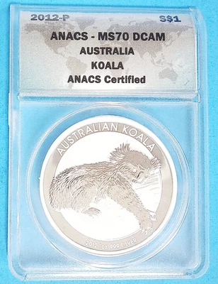 2012-P S$1 Australia Koala ANACS MS70 DCAM 1 OZ 999 plata Foto 1 de 2