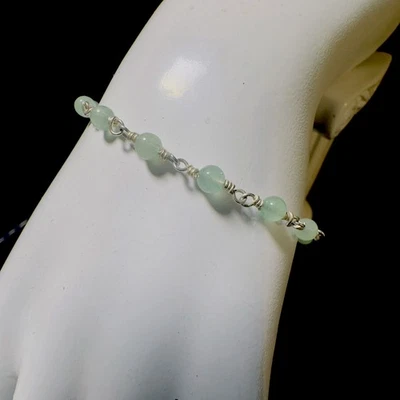 Sterling Silver 925 Semi Precious Green Cabachon Beaded Bracelet 6.5” Dainty - Image 1 of 4