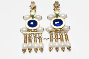 CHANEL Paris 1989 Maison Gripoix Byzantine Style Pearl Blue Green Glass Earrings - Picture 1 of 4