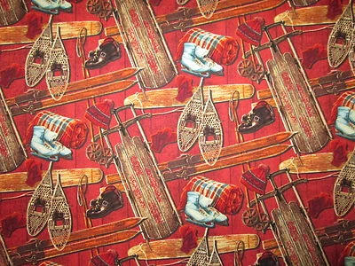 Vintage Sled Snow Shoes Ice Skates Ski Red Cotton Fabric FQ - Image 1 of 4
