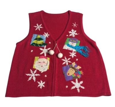 Vintage 90s Ugly Christmas Sweater Vest Womens XL Red Full Zip Santa Embellished - Image 1 of 4