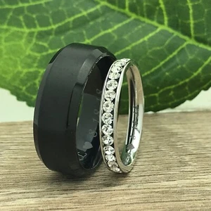 His & Hers Titanium Wedding Rings, Personalize Eternity Cz Titanium  Bands - Picture 1 of 4