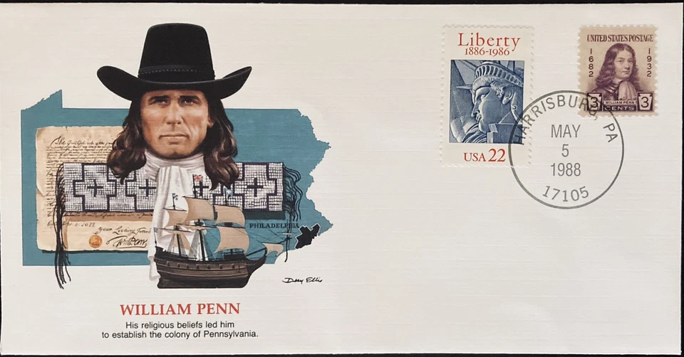 FDC~1988 WILLIAM PENN~RELIGIOUS BELIEFS ESTABLISHED COLONY OF PENNSYLVANIA - Image 1 of 1