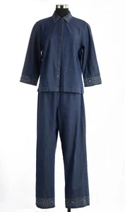 JM COLLECTION Damen Jeans 2 tlg Oberteil Hose Set Baumwolle Perlen Akzente an den Bündchen M - Bild 1 von 6