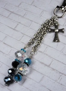 Crystal Cross Rhinestone Purse Charm Bag Clip Keychain Aqua Blue Black Handmade - Picture 1 of 4