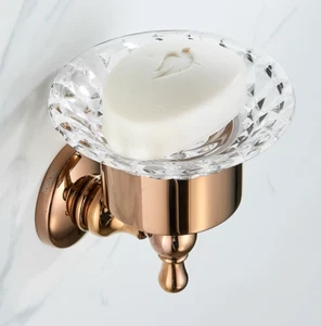 Crystal Glass Soap Dish Brass Holder Bathroom Wall Mounted Polished Rose Gold - Picture 1 of 8