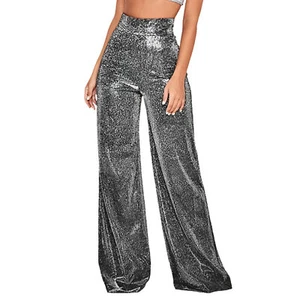 Ladies Glitter Party Glitter High Waist Pants Trousers Wide Leg Sparkly Bottoms - Picture 1 of 22