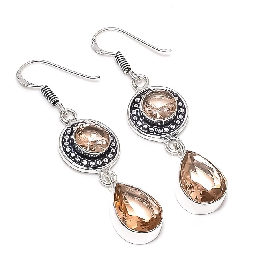 Peach Morganite Gemstone Handmade 925 Sterling Silver Jewelry Earring Size 2.2'' - Image 1 of 1