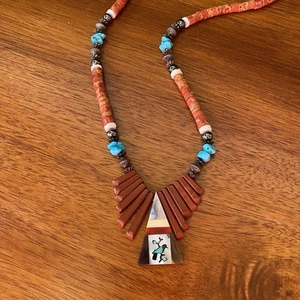 Vintage Navajo Inlay Necklace Sponge Coral Jasper Turquoise MOP Sterling Silver - Picture 1 of 10