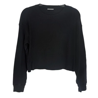 TNA Aritzia Waffle Crew Boxy Long Sleeve M Black Crop Top Thermal EUC B36 - Image 1 of 4
