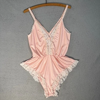 Vintage Babydoll Lingerie Pink Striped Teddy Romper Lace Trim Bow Detail - Image 1 of 4
