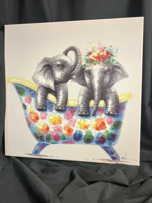 Divertido arte de pared de lienzo de elefante pintura dos pequeños elefantes en colorido... Foto 1 de 4