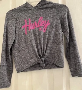 Hurley Girls’ Heather Gray Hoodie with Tie Front and Pink Logo - Size M - Picture 1 of 4