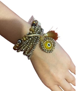 7 Stck. Semanario Evil Eye Perlen & Glücksbringer Armband Set Gold - Bild 1 von 2